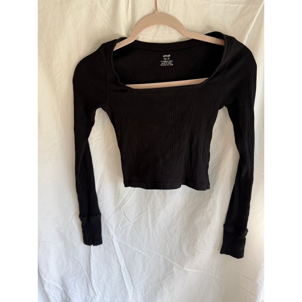 Aerie Womens Black Ribbed Square Neck Long Sleeve Crop Top XS RN54485